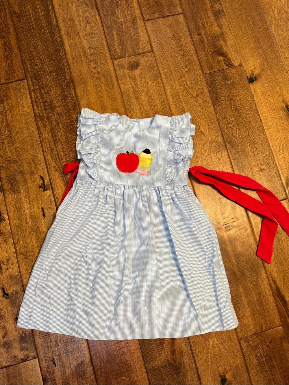 Blue Gingham Ruffle Dress with Red Bow and Apple Applique - Kids